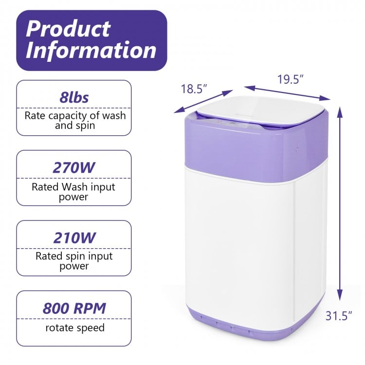 Portable 8lbs washing machine in purple with 6 wash programs and child lock, ideal for apartments and RVs.