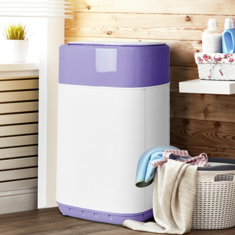 Portable 8lbs washing machine in purple and white, featuring a compact design for apartments and RVs, with 6 wash.