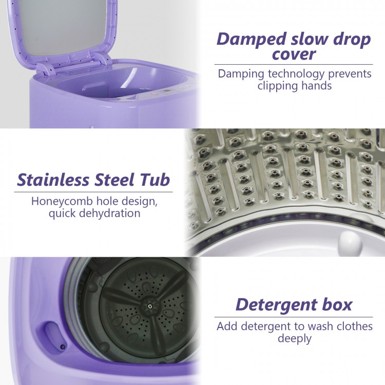 Portable purple washing machine with stainless steel tub, detergent box, and damped slow drop cover for safety.