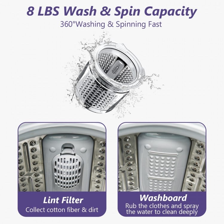 Portable 8lbs washing machine in purple with lint filter and washboard for efficient cleaning in compact spaces.
