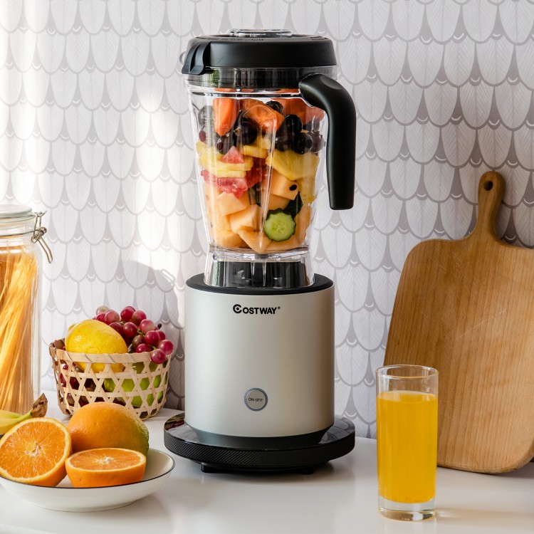 High power 1500W blender with 64oz pitcher, 10 speeds, and fruits inside, perfect for smoothies and juices.