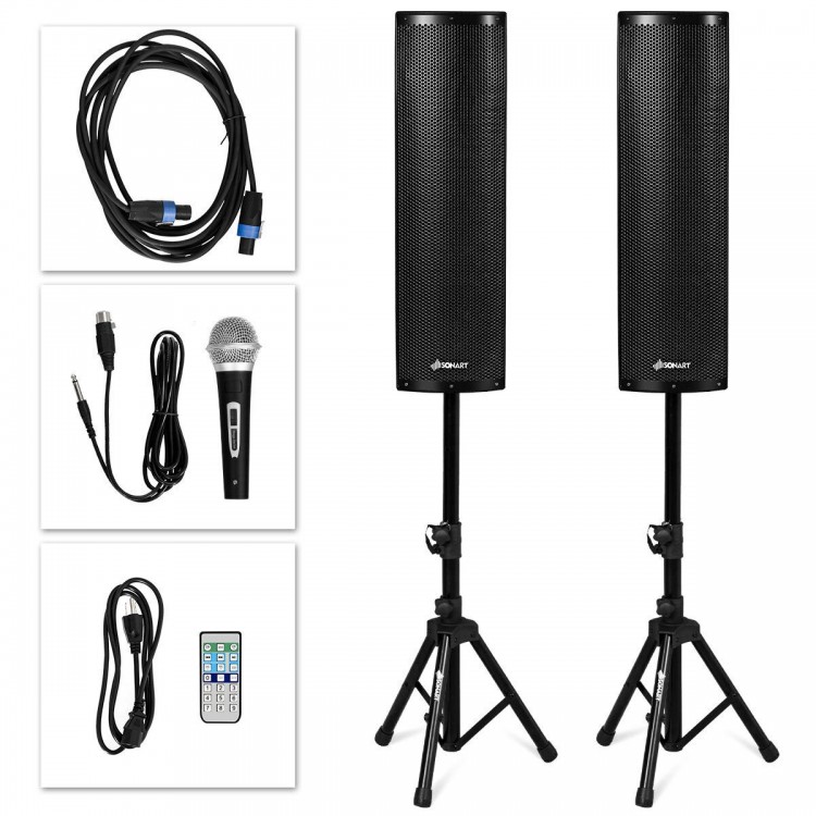 Set of 2 bi-amplified 2000W tower speakers with tripod stands, microphone, and remote control for versatile audio use.