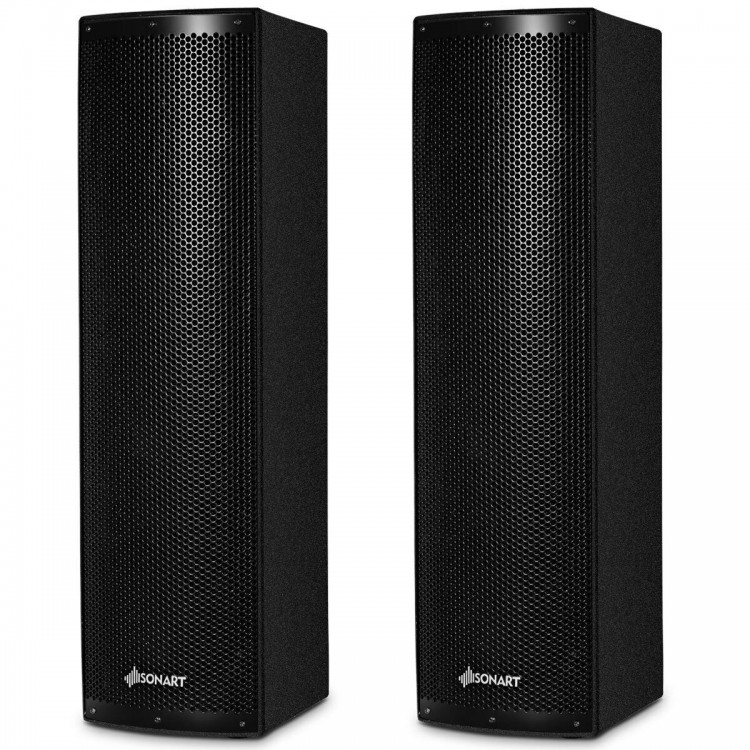 Set of 2 bi-amplified 2000W tower speakers with USB/SD input, ideal for events and professional audio setups.