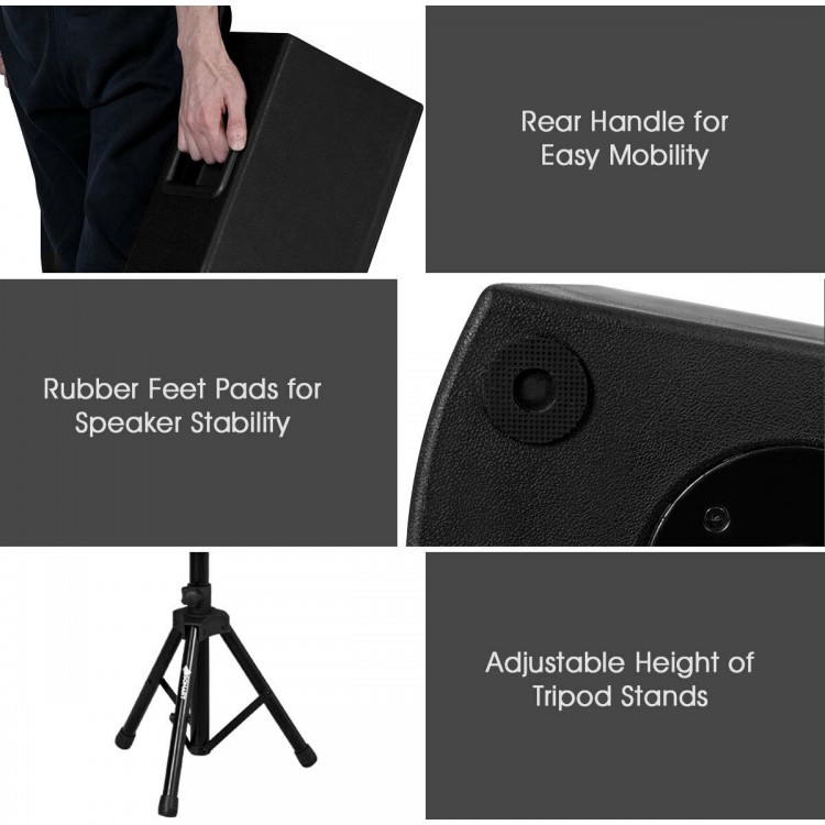 Close-up of the adjustable tripod stand for the 2000W bi-amplified speaker set, featuring rubber feet pads for.