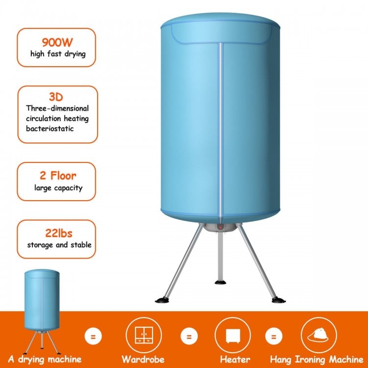 Portable ventless laundry clothes dryer in blue, designed for compact storage and energy-efficient drying of up to 22.