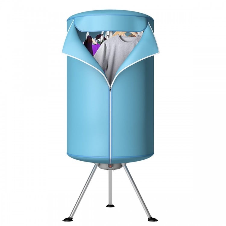 Portable ventless laundry dryer in blue, designed for compact storage and energy-efficient drying of clothes and.