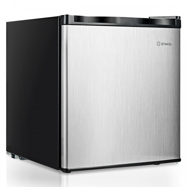 Compact 1.1 cu.ft. single door mini upright freezer with stainless door and black cabinet, ideal for small spaces.