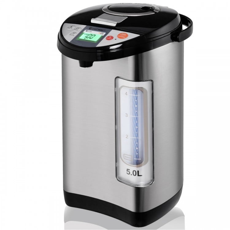 5-liter electric water boiler with a sleek stainless steel finish, showcasing the water level indicator for easy.