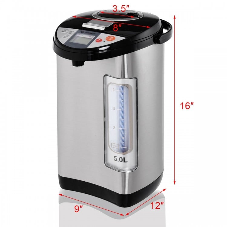 5-liter electric water boiler with LCD display, stainless steel design, and multiple dispensing methods for convenient.