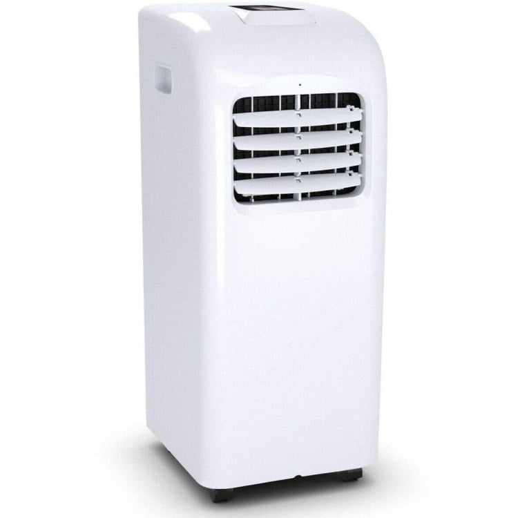 Portable air conditioner in white with 8000 BTU, featuring adjustable vents for customized airflow and easy mobility.