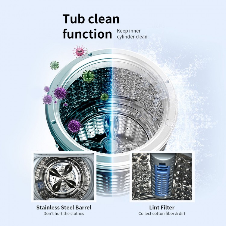 Close-up of the stainless steel barrel in the 7.7 lbs compact washing machine, showcasing the tub clean function for.