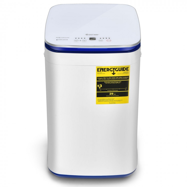 Compact 7.7 lbs fully automatic washing machine with heating function, child lock, and 8 washing programs for safe use.