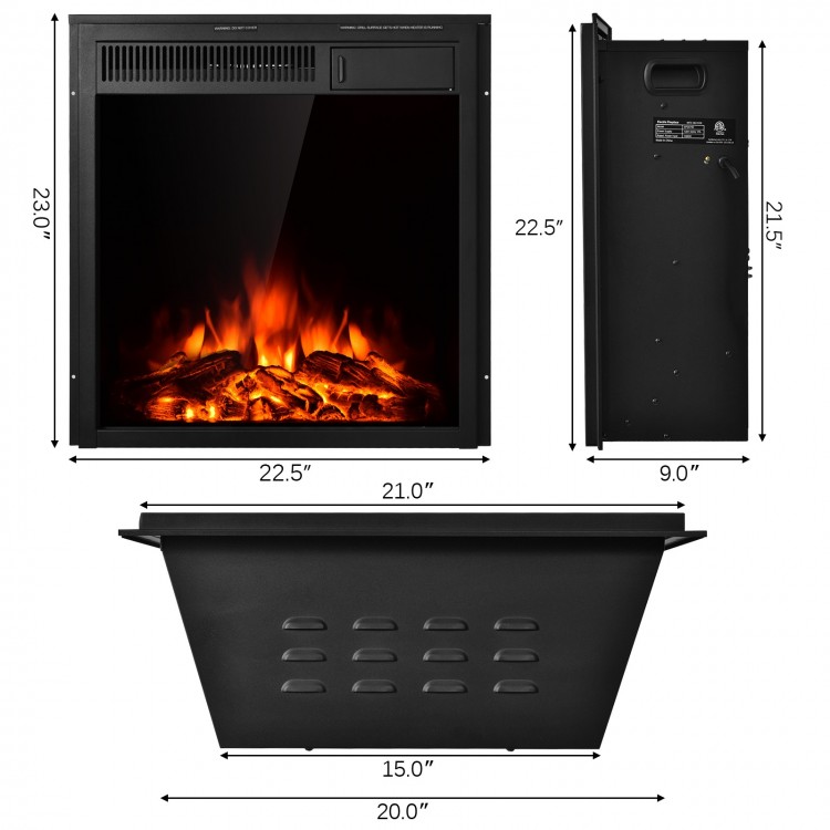 22.5-inch electric fireplace insert with realistic flames, 750W/1500W settings, ideal for home decor and warmth.