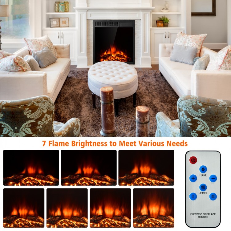 Freestanding 22.5-inch electric fireplace insert with 7 flame brightness levels, creating a warm and stylish atmosphere.