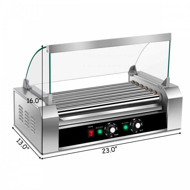 Commercial 18 Hot Dog Roller Grill with stainless steel rollers, glass hood, and temperature control for efficient.