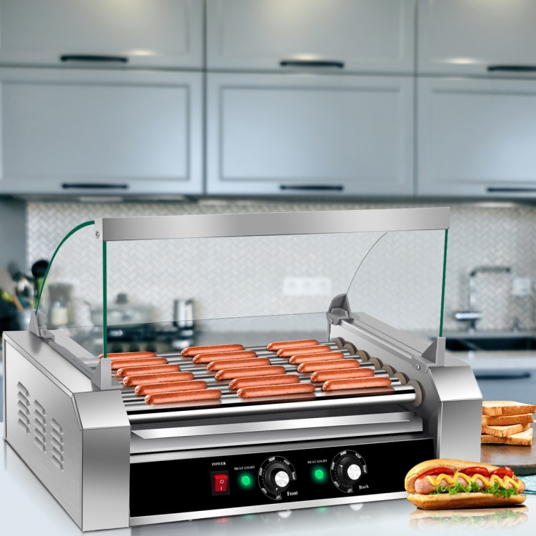 18 hot dog roller grill with stainless steel construction, toughened glass hood, and temperature control for commercial.