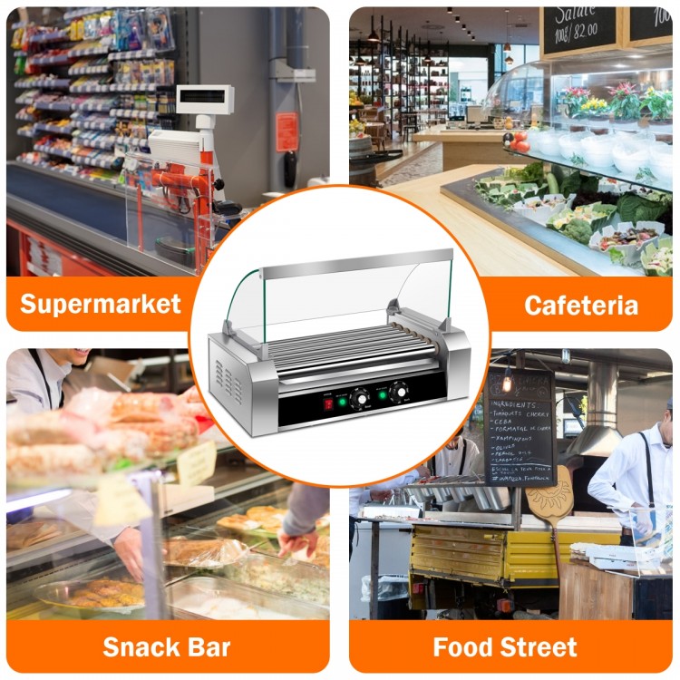 18 hot dog roller grill with stainless steel rollers, ideal for supermarkets, cafeterias, and snack bars.