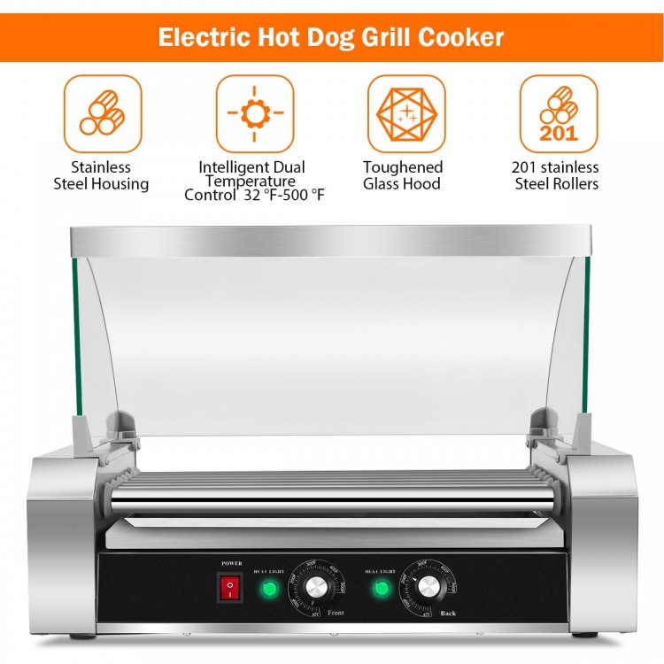 18 hot dog roller grill cooker with stainless steel housing and toughened glass hood, ideal for commercial use.