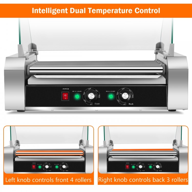 Dual temperature control knobs on the 18 Hot Dog 7 Roller Grill, featuring stainless steel construction and safety.