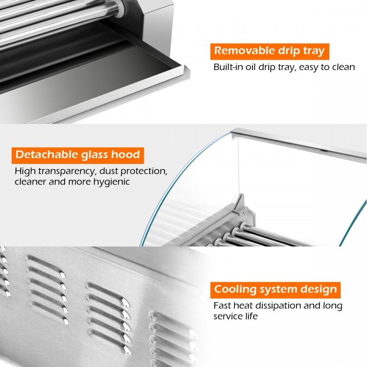 Detachable glass hood of the 18 Hot Dog Roller Grill, providing dust protection and hygienic food storage.