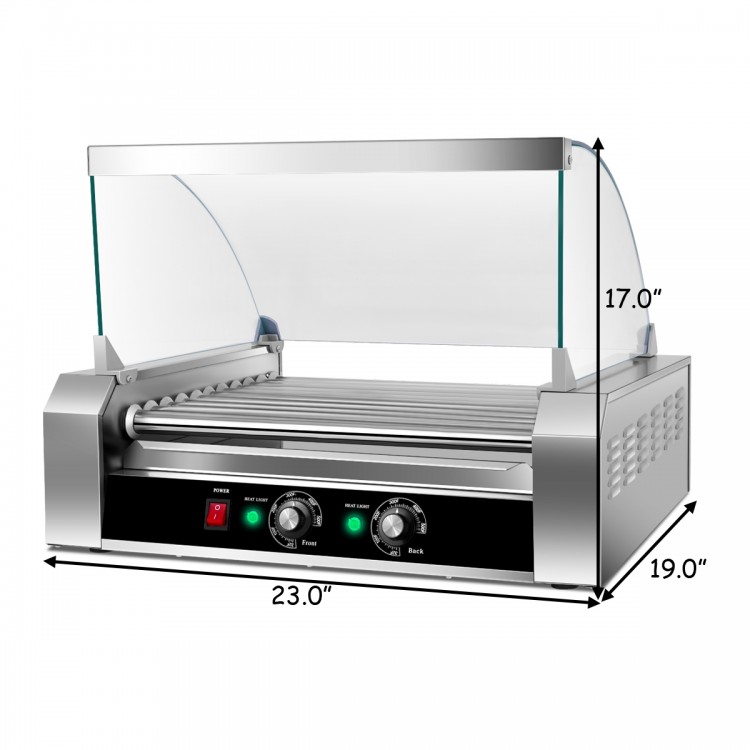 Stainless steel commercial hot dog roller grill with 11 rotating rollers and toughened glass hood for food protection.