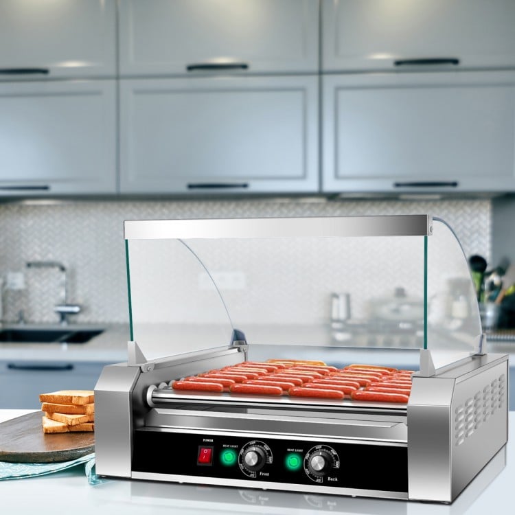 Stainless steel commercial hot dog roller grill with 11 rotating rollers, ideal for cooking and warming hot dogs.