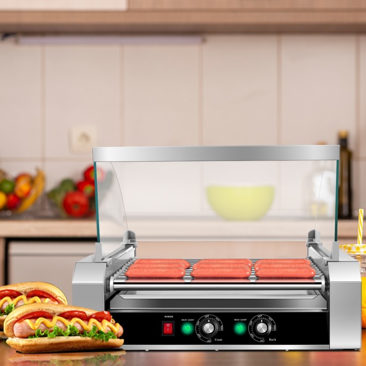 Stainless steel commercial hot dog roller grill with 11 rotating rollers, perfect for cooking and warming hot dogs.