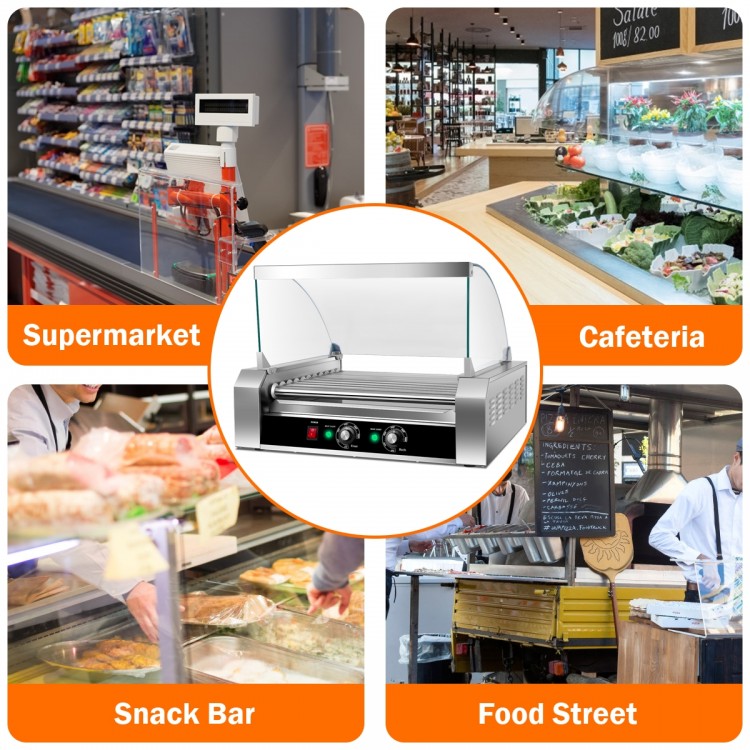Stainless steel commercial hot dog roller grill with 11 non-stick rollers, ideal for supermarkets and snack bars.