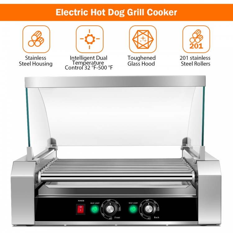Stainless steel 11 roller hot dog cooker with dual temperature control, ideal for commercial and home use.