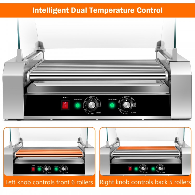 Stainless steel commercial hot dog roller grill with dual temperature control, featuring 11 rotating non-stick rollers.