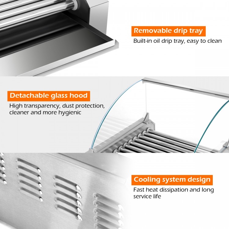 Detachable glass hood and removable drip tray of the stainless steel commercial hot dog roller grill for easy cleaning.