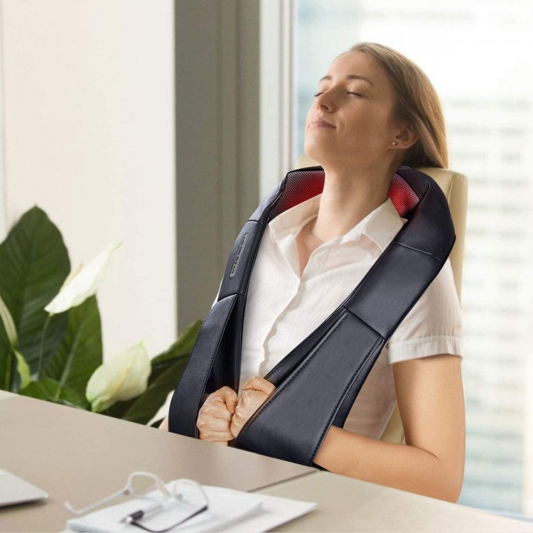 Electric back and neck massager with heat straps, featuring 8 massage nodes for relaxation in office or home use.