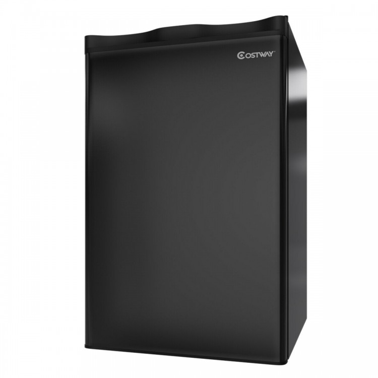 Compact 3.2 cu.ft. black mini refrigerator with adjustable shelves and reversible door, ideal for dorm or office use.