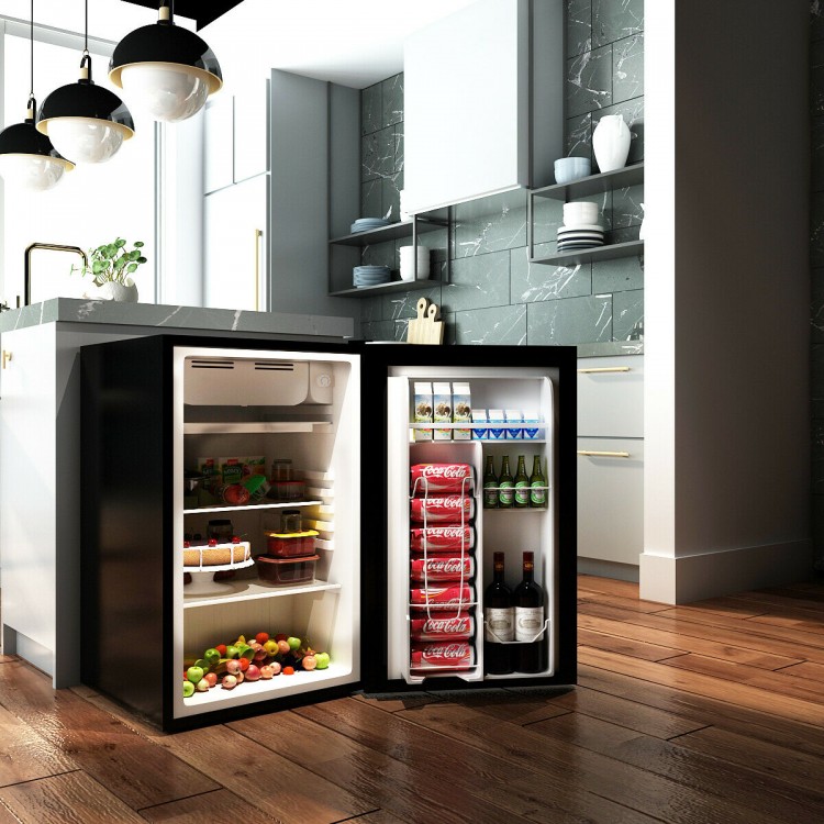 Compact 3.2 cu.ft. black mini refrigerator with adjustable shelves, internal freezer, and reversible door for versatile.