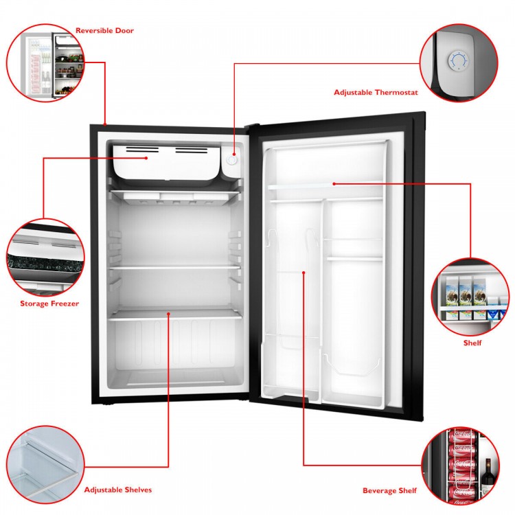 Compact 3.2 cu.ft. black refrigerator with adjustable shelves, reversible door, and internal freezer for dorm or office.
