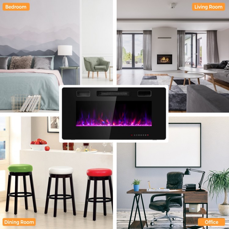 36-inch ultra-thin electric fireplace showcasing crystal decoration, remote control, and adjustable brightness settings.