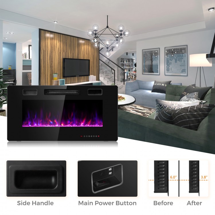 36-inch ultra-thin wall-mounted electric fireplace with 12 flame colors and remote control for cozy home ambiance.
