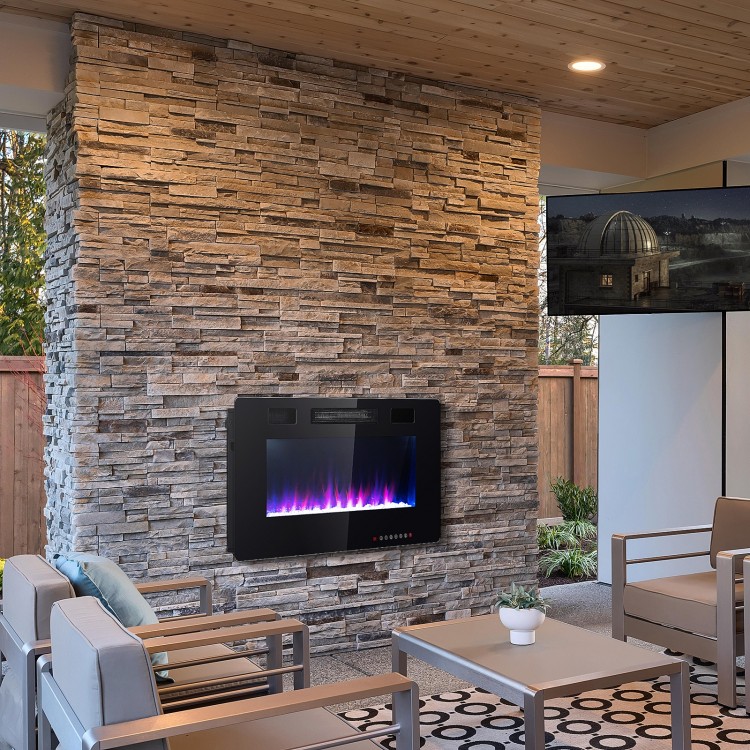 36-inch wall-mounted electric fireplace in black, featuring 12 flame colors and remote control for cozy home ambiance.