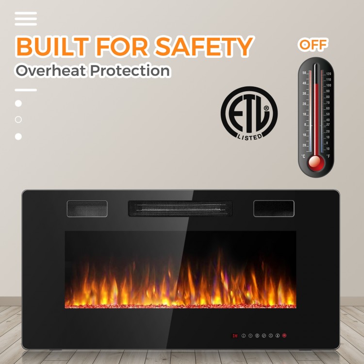 36-inch wall-mounted electric fireplace with black glass, 12 flame colors, remote control, and overheat protection for.