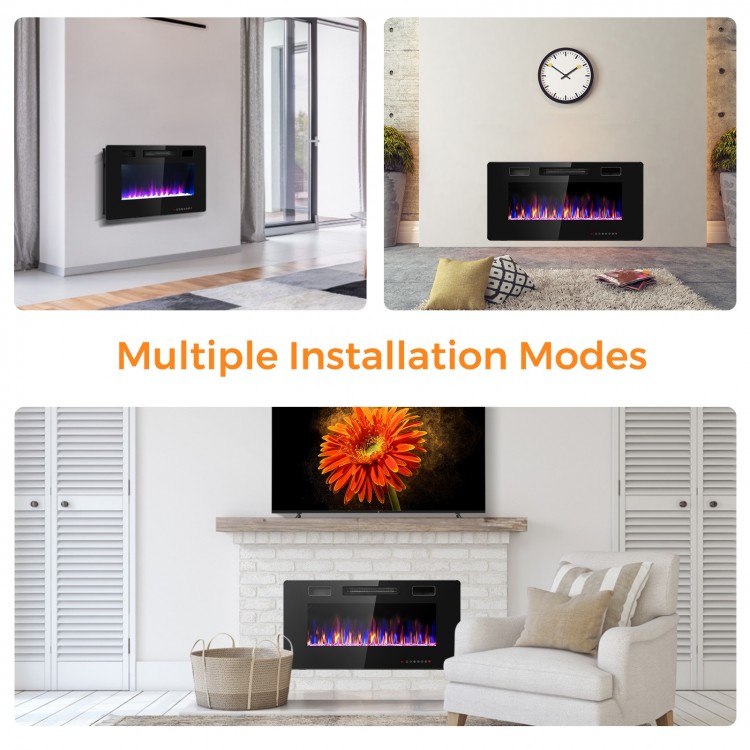 36-inch wall-mounted electric fireplace with multiple installation modes, featuring 12 flame colors and remote control.