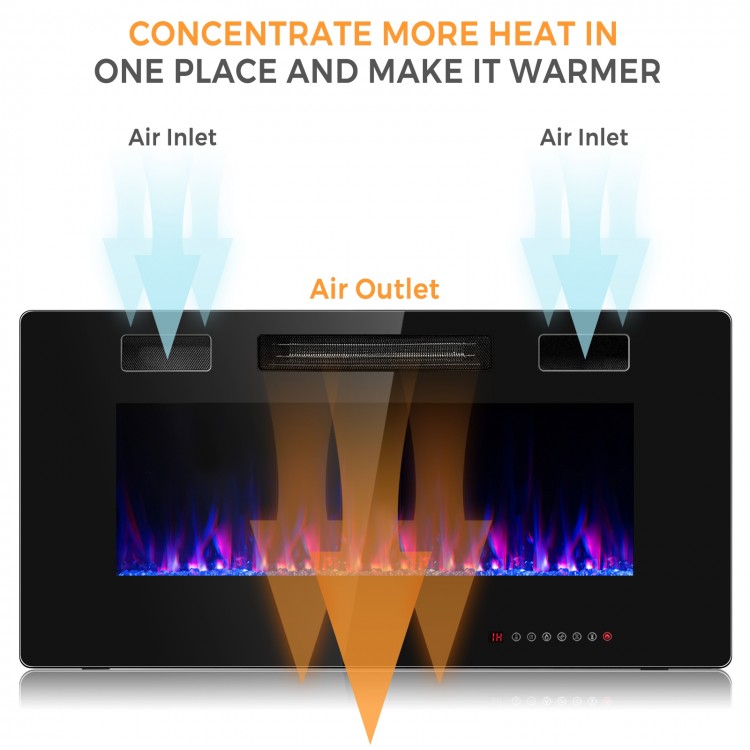 36-inch wall-mounted electric fireplace with adjustable flame colors, remote control, and two heating settings for cozy.