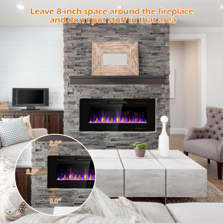 42-inch recessed electric fireplace with 12 flame colors, remote control, and built-in timer for stylish heating.