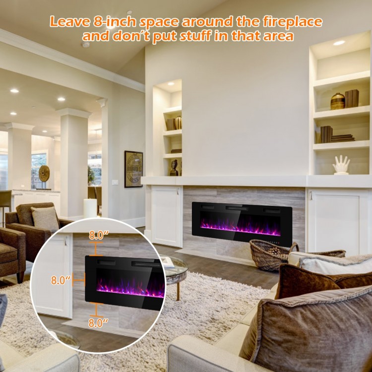Detail of the 50-inch recessed electric fireplace's front air vent and sleek design, perfect for modern interior.