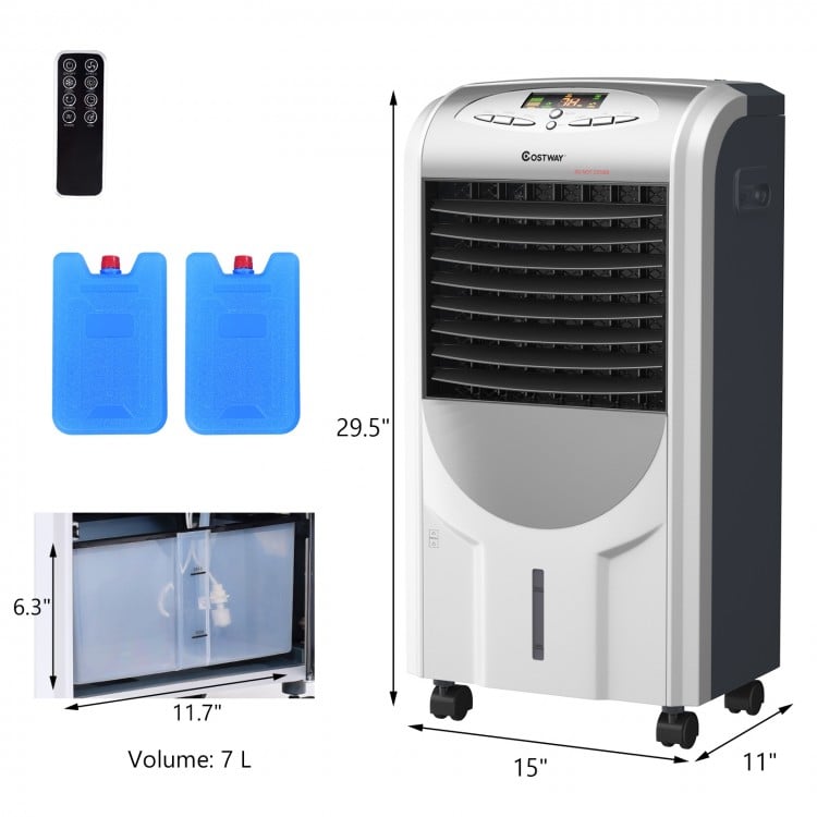 Portable air cooler fan with heater and humidifier, featuring a honeycomb cooling pad and 7L water tank for efficient.