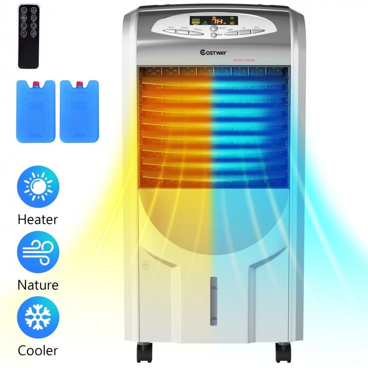 Portable air cooler fan with heater and humidifier function, featuring honeycomb cooling pad and remote control for.