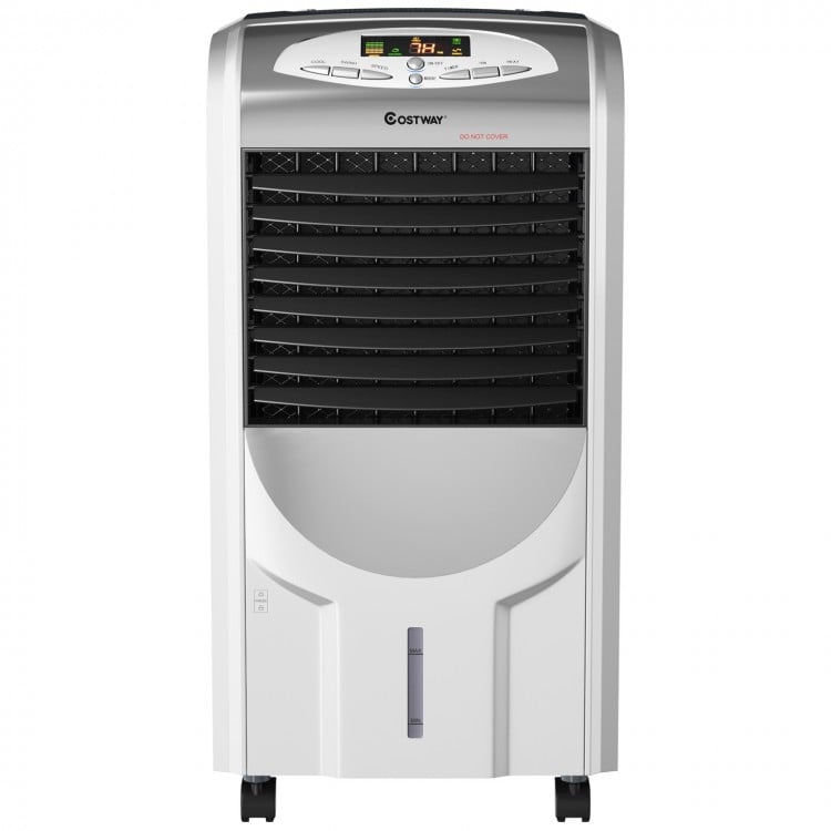 Portable air cooler fan with heater and humidifier, featuring a honeycomb cooling pad and user-friendly LED control.