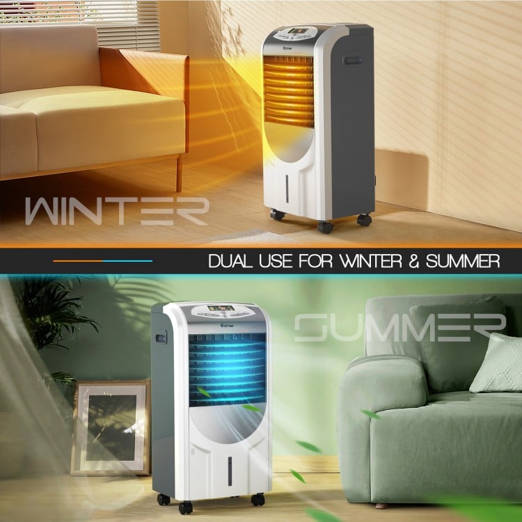 Portable air cooler fan with heater and humidifier, featuring 4 caster wheels for easy mobility in any room.
