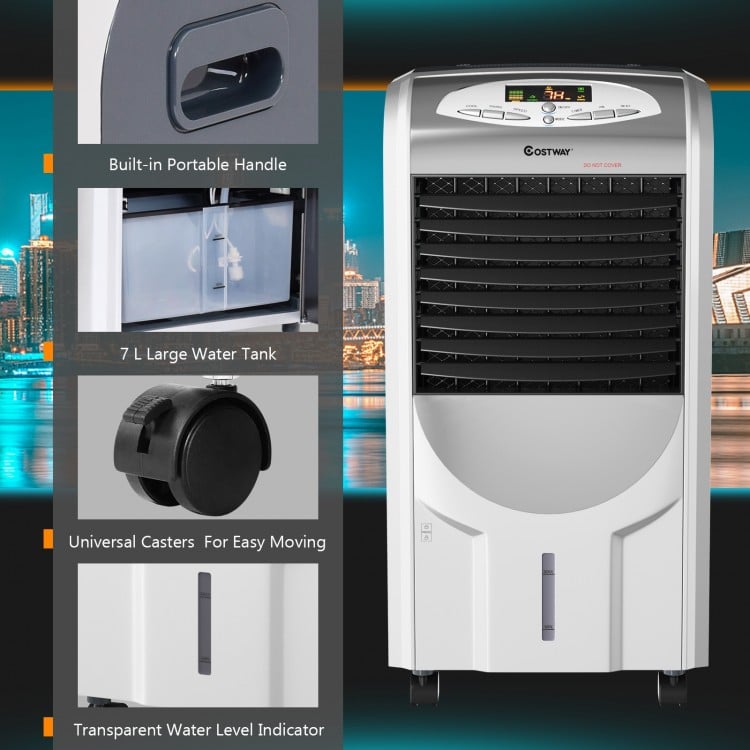 Portable air cooler fan with heater and humidifier, featuring a 7L water tank and universal casters for easy mobility.