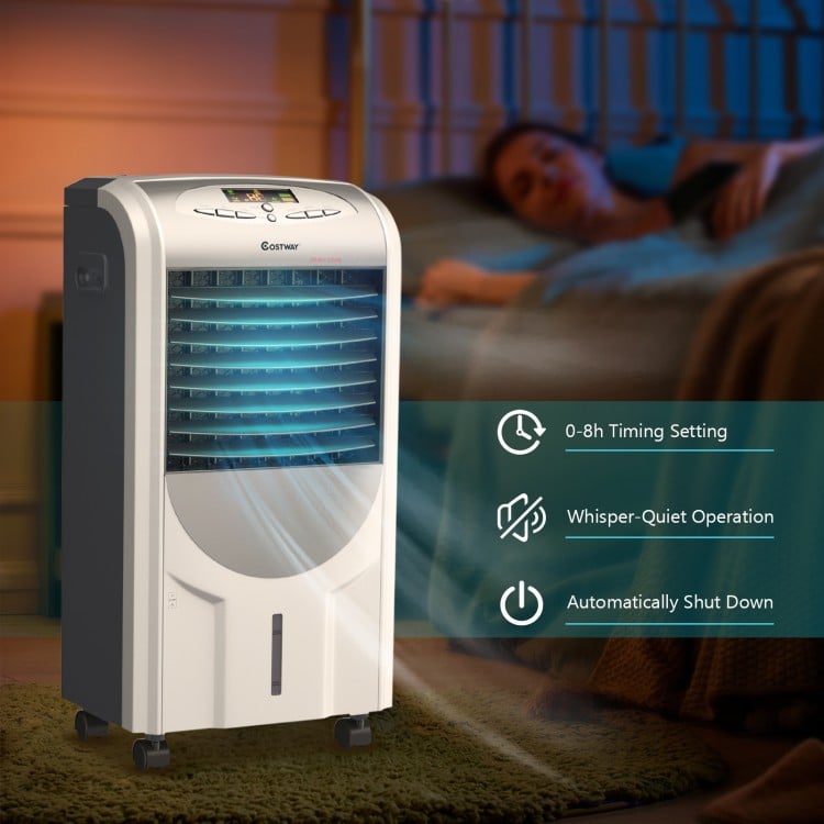 Portable air cooler fan with heater and humidifier function, featuring a user-friendly control panel and 8-hour timer.