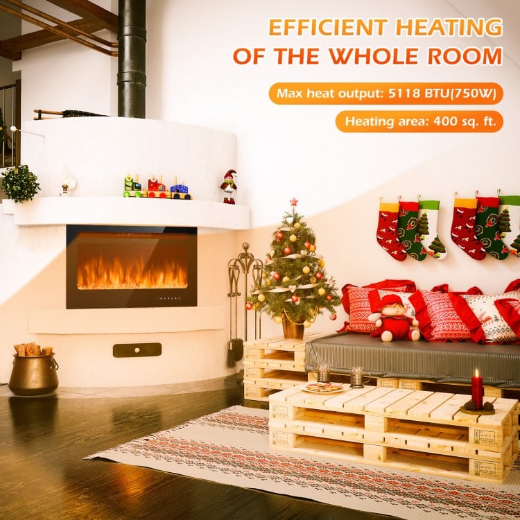 36-inch wall-mounted electric fireplace insert with realistic flame effects, heating up to 400 sq. ft. for cozy warmth.